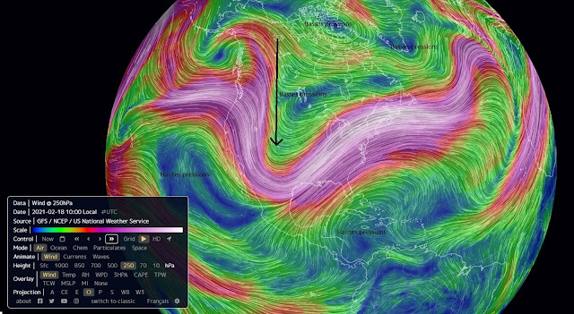 Régime des vents au géopotentiel 250 hPa au-dessus des Etats-Unis (source nullschool.net)