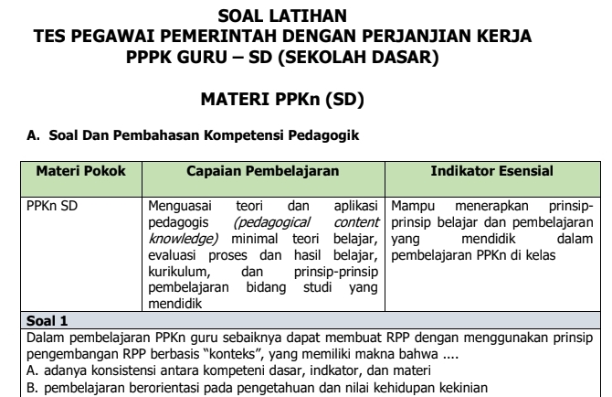 Soal Tes Latihan Seleksi Guru Pppk Ppkn Untuk Sd Blog Pendidikan