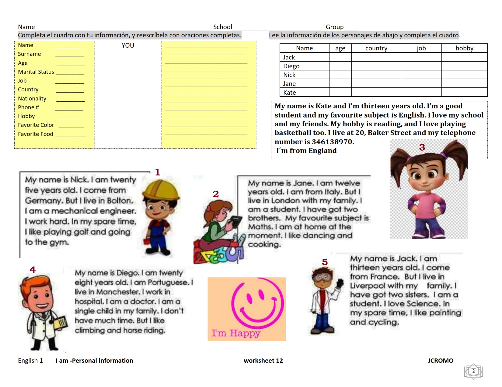 GRAMÁTICA INGLÉS 1 Hoja 12 Personal information
