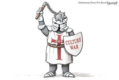 Cartoon by Clay Bennett of an armored Christian crusader -- shield labeled Culture War -- with his morning star bashing in his own head