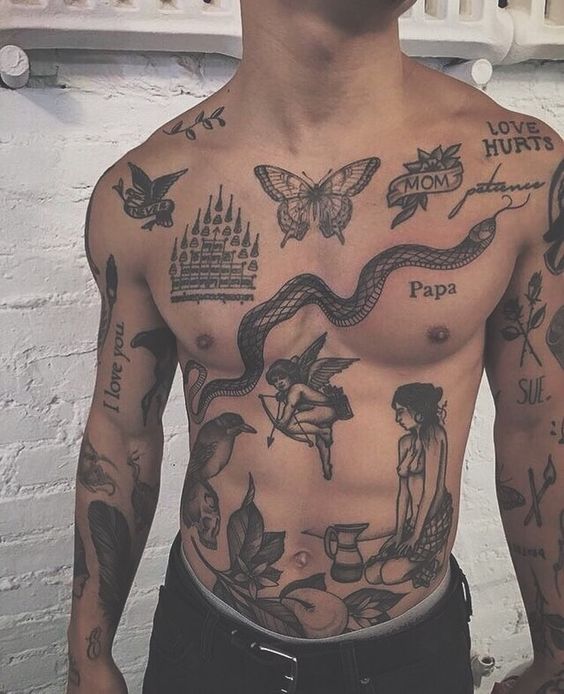 Snake + Butterfly Chest Tattoo