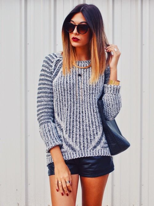 Street style grey sweater and leather shorts | Just a Pretty Style