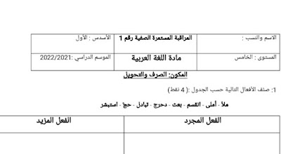 نموذج 2 فرض  اللغة العربية المرحلة الأولى المستوى الخامس 2022-2021