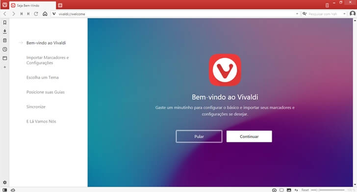 Tela de boas-vindas do navegador Vivaldi