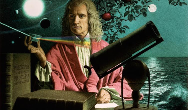 Sir Isaac Newton surrounded by symbols of some of his greatest findings. Illustration by Jean-Leon Huens, National Geographic Stock