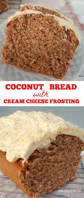 Moist, delicious Coconut Bread with a divine Cream Cheese Frosting