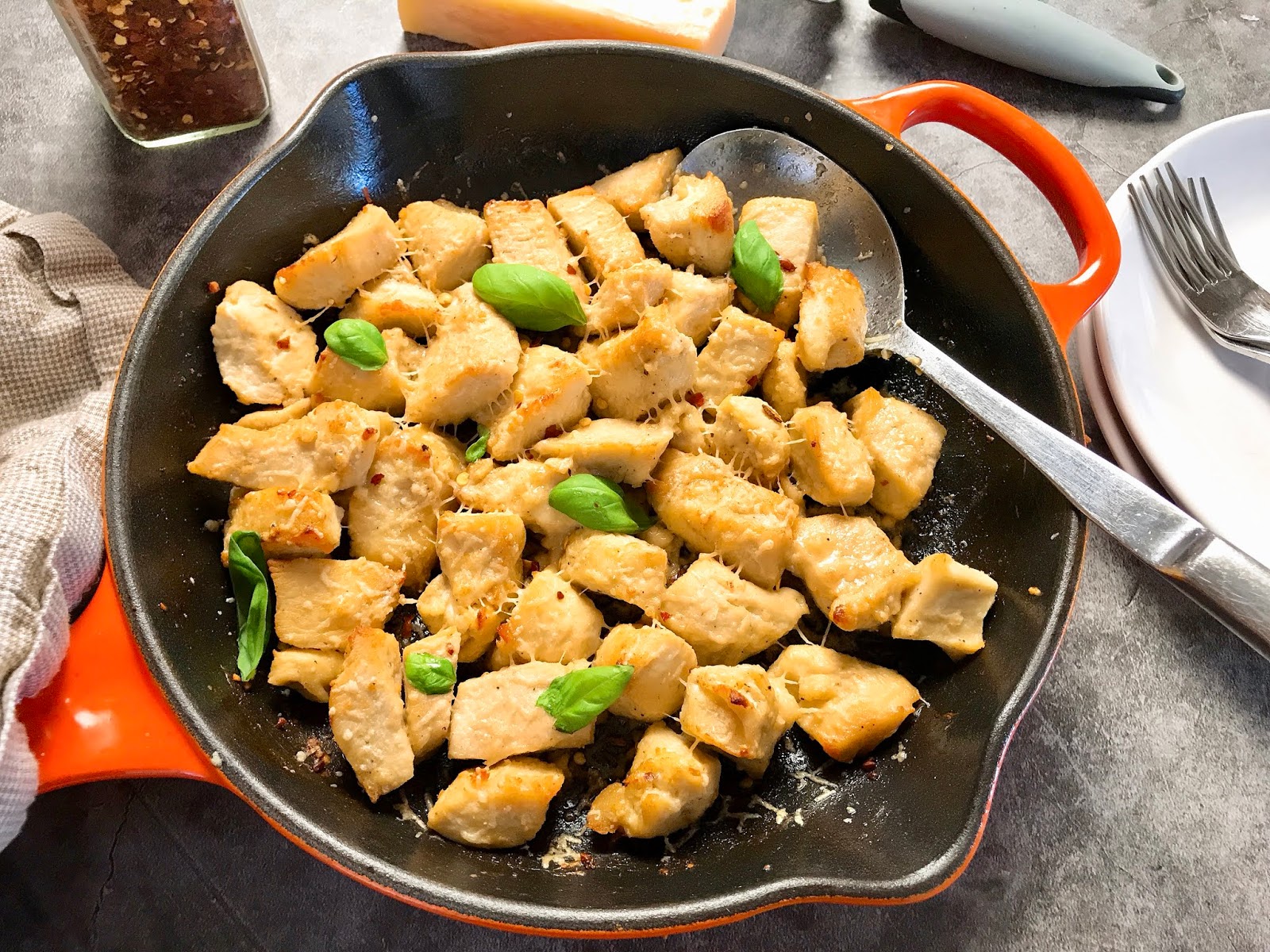 Skillet GarlicParmesan Chicken with Red Pepper Flakes