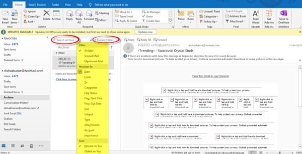 Как заархивировать письмо в Outlook