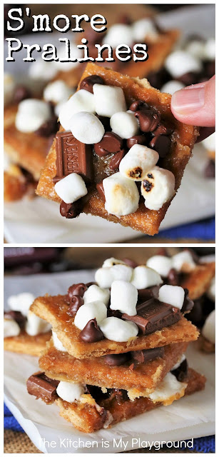 S'more Pralines (aka: S'mores Cracker Candy) ~ Who says you need a campfire to enjoy delicious ooey-gooey S'mores? Not with these made-in-the-oven S'more Pralines! The deliciousness of s'mores and praline cracker candy join forces to create these tasty squares -- whipped up super-easy at home with no campfire required.  #indoorsmores #smores #crackercandy  www.thekitchenismyplayground.com