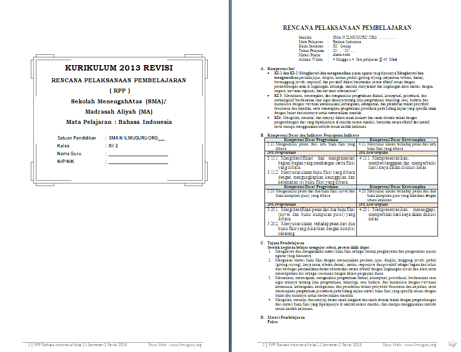 RPP 1 Lembar Bahasa Indonesia Kelas 11 SMA/MA Semester 2