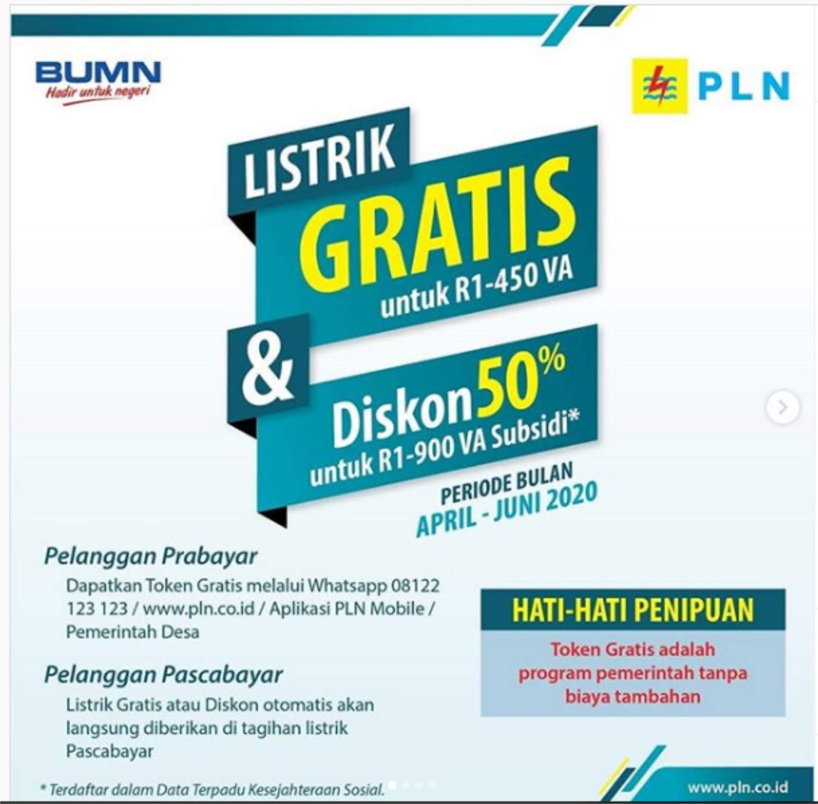 Cara mendapatkan token gratis bagi pelanggan (R1) 450 VA dan diskon 50