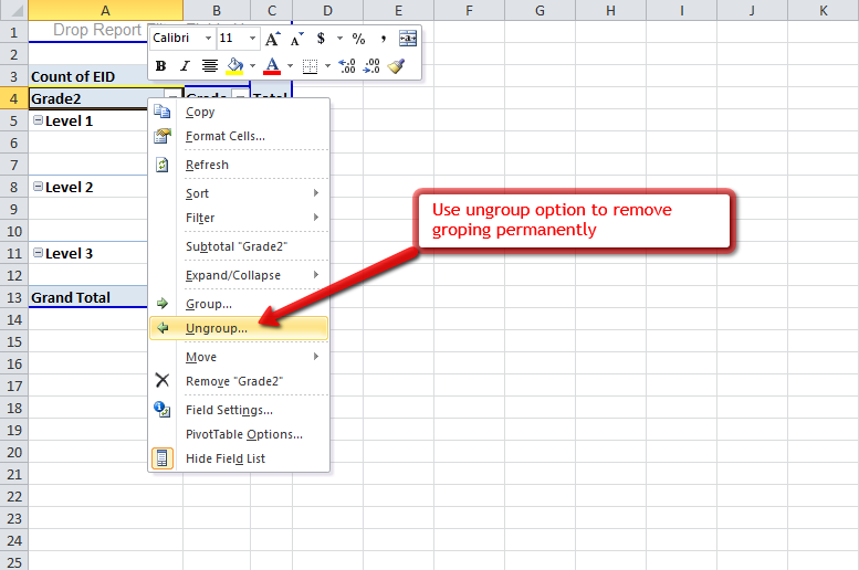 Excel Help Grouping data of a text field in a pivot table using group