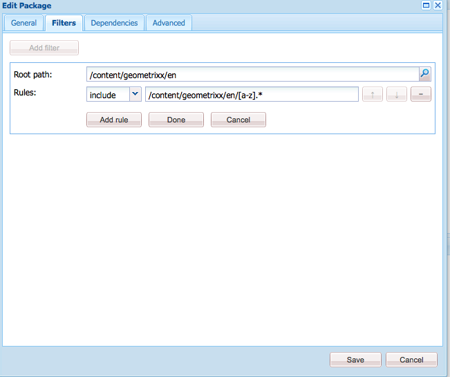 CQ5 Package Filter include/exclude regular expression examples AEM