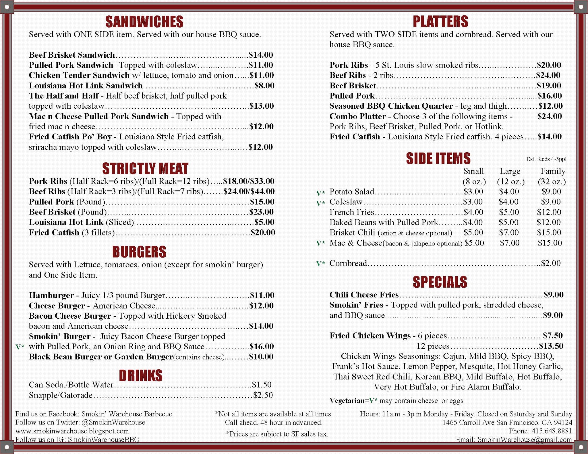 Smokin' Warehouse Barbecue Menu