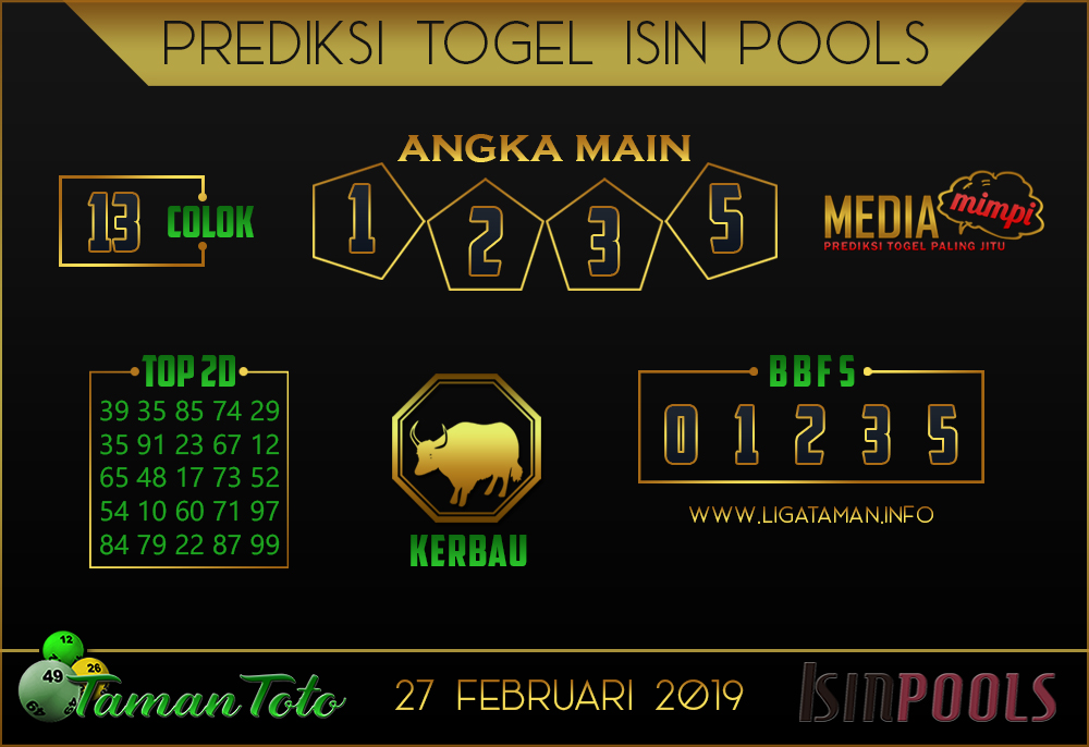 Prediksi Togel ISIN TAMAN TOTO 27 FEBRUARI 2019