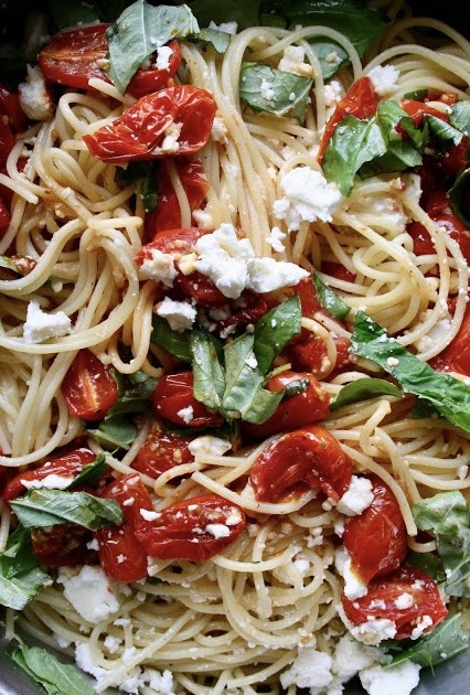 Roasted Tomato and Garlic Pasta with Basil and Feta