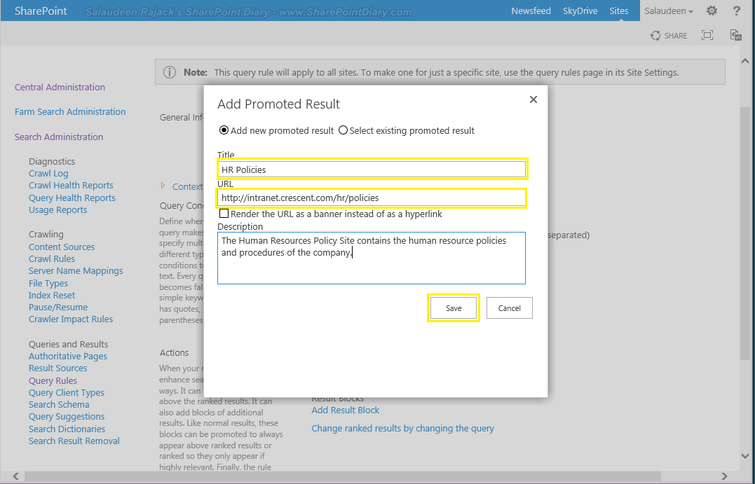 How to Add Promoted Search Results using Query Rules in SharePoint 2013