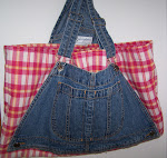 Recycled Bib Overall Denim Pink Plaid Tote Hand Book Bag