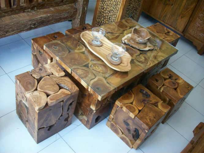 12 Kursi  dan meja akar kayu  jati unik antik asli dari  