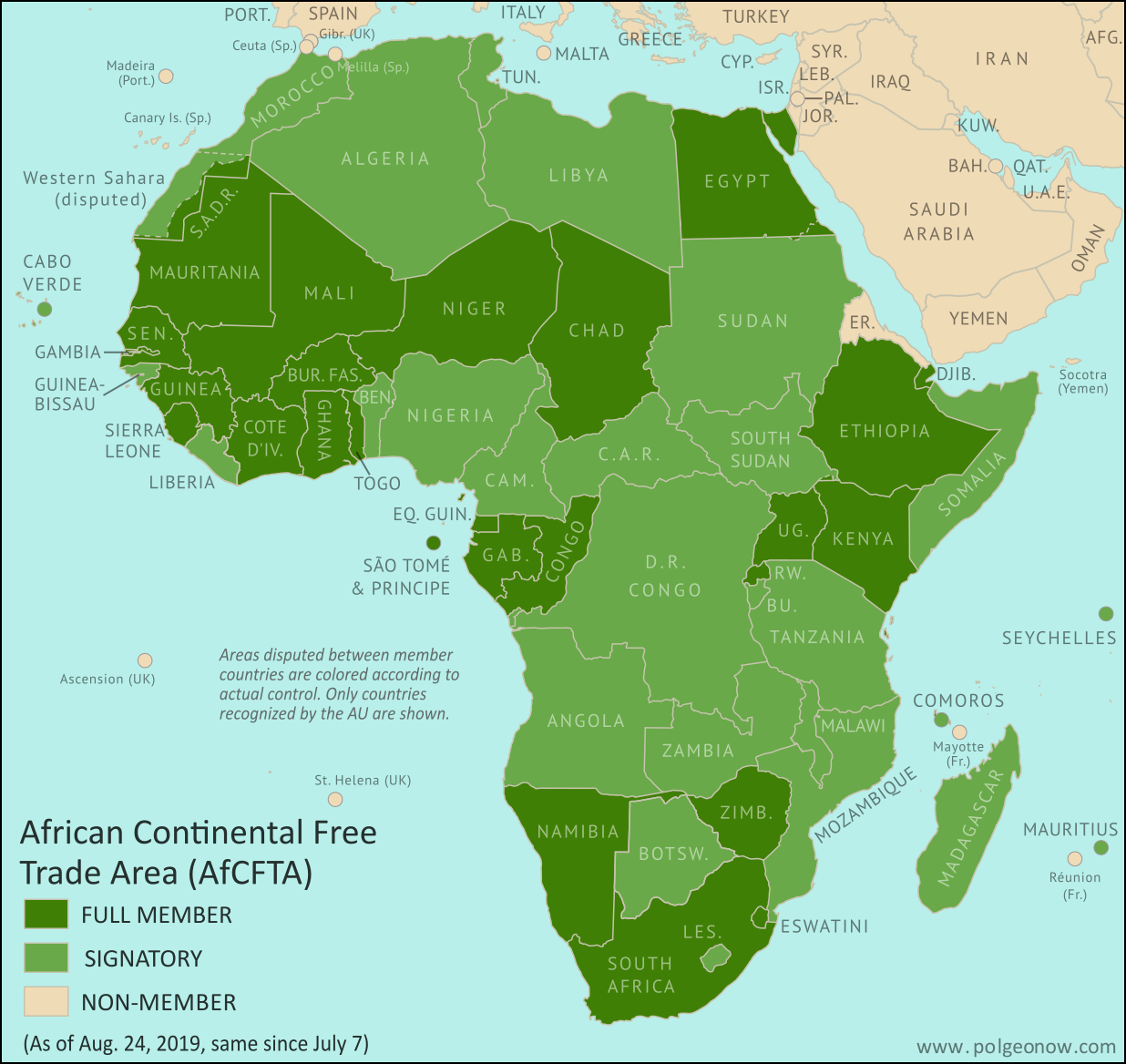 African Continental Free Trade Area countries: Map of AfCFTA members and signatories as of August 2019. Who has signed the AfCFTA, who has ratified the AfCFTA, and who has not signed. Colorblind accessible.