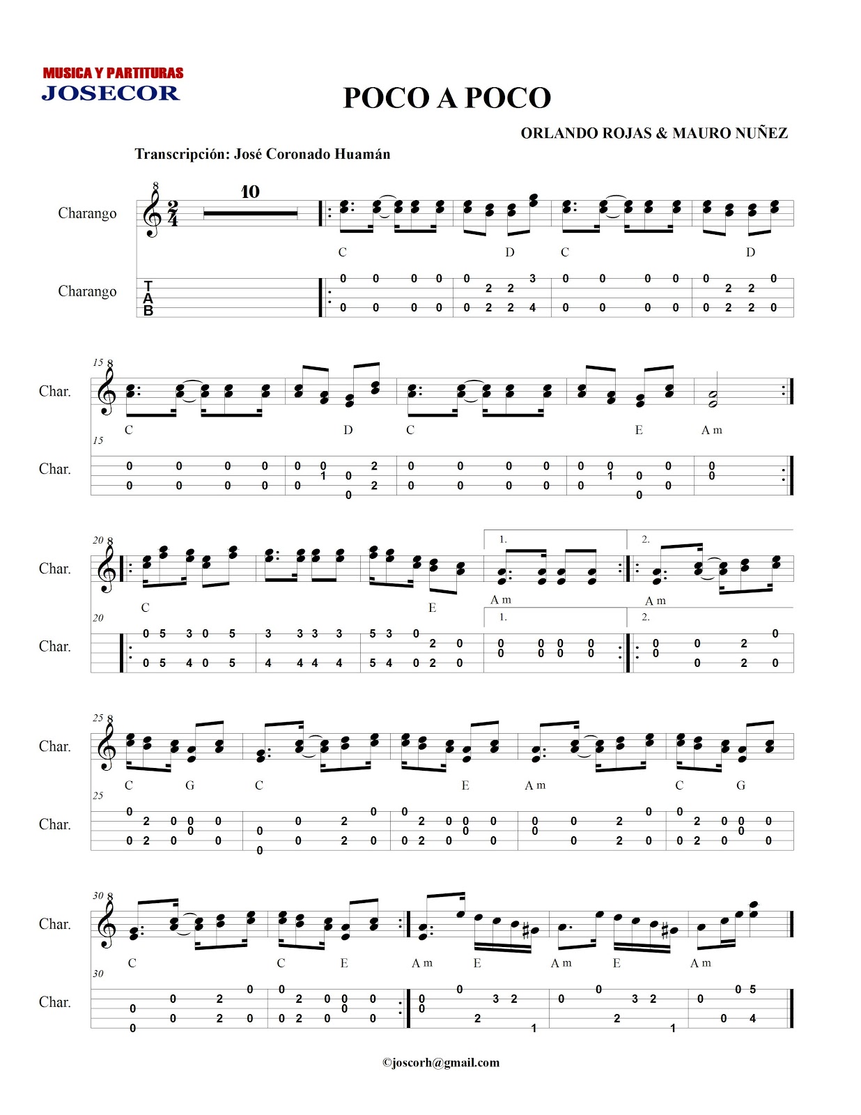 MÚSICA Y PARTITURAS JOSECOR POCO A POCO (Charango)