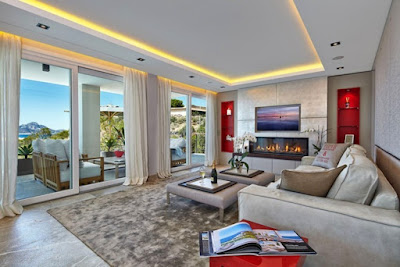 beautiful leather ottoman coffee table and gray shag rug living room feat tray ceiling with orange led lights idea