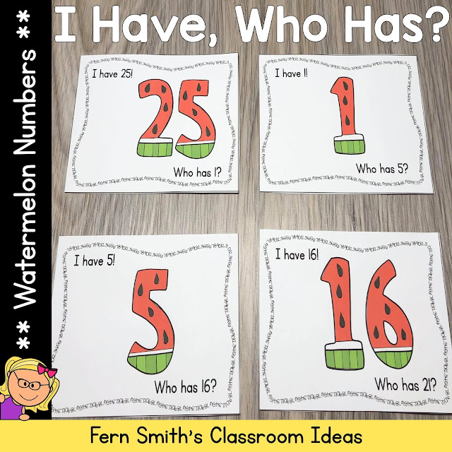 Click Here for the I Have, Who Has? Card Game for Numbers 1 - 25 Resource, I Have, Who Has? Cards for Numbers 1 - 25 with a Cute Watermelon Theme is perfect for your Pre-K or Kindergarten classroom. #FernSmithsClassroomIdeas