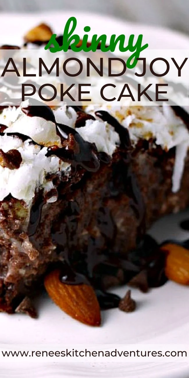 Skinny Almond Joy Poke Cake by Renee's Kitchen Adventures pin for Pinterest with close up of cake