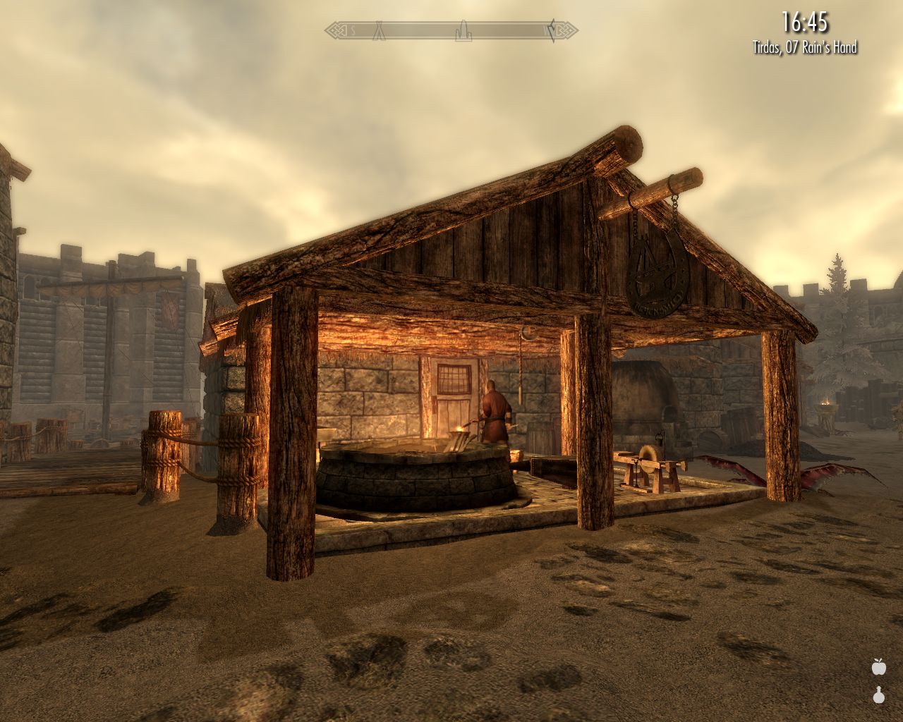 overwiew of Glover's smithy, Glover himself is working there, some shadows on the street, mostly gray sky