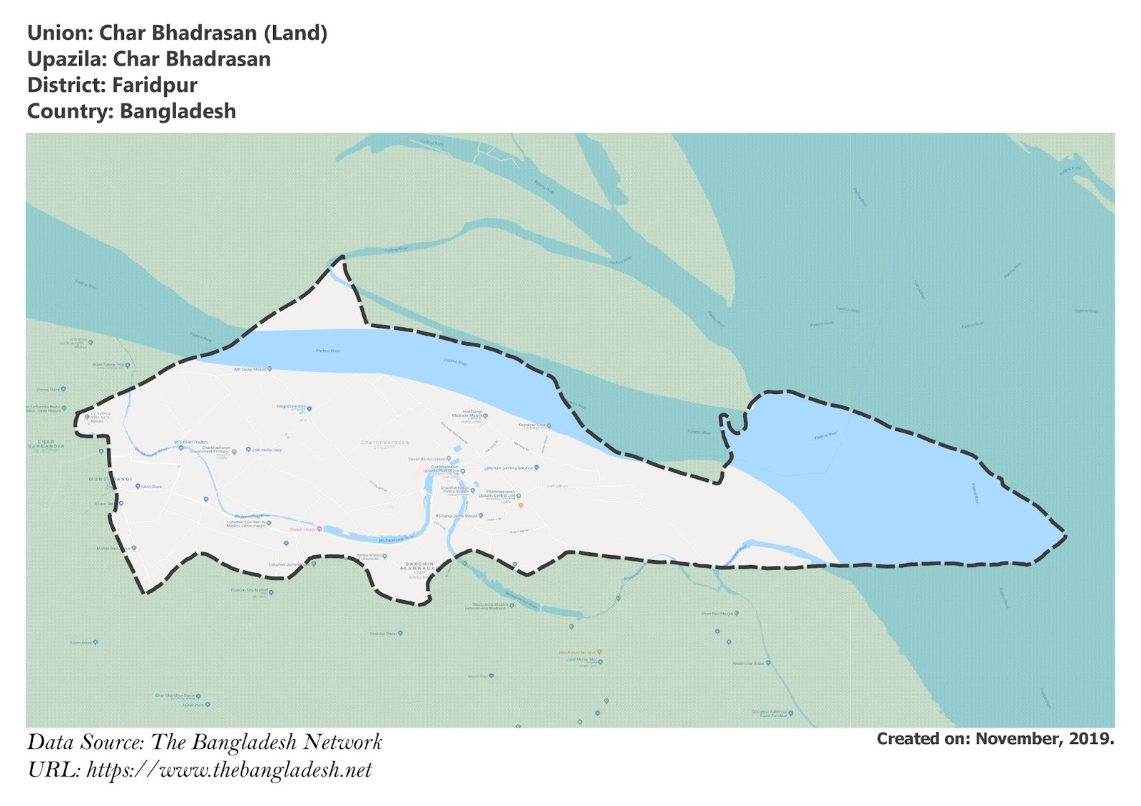 Map of Char Bhadrasan of Faridpur, Bangladesh.