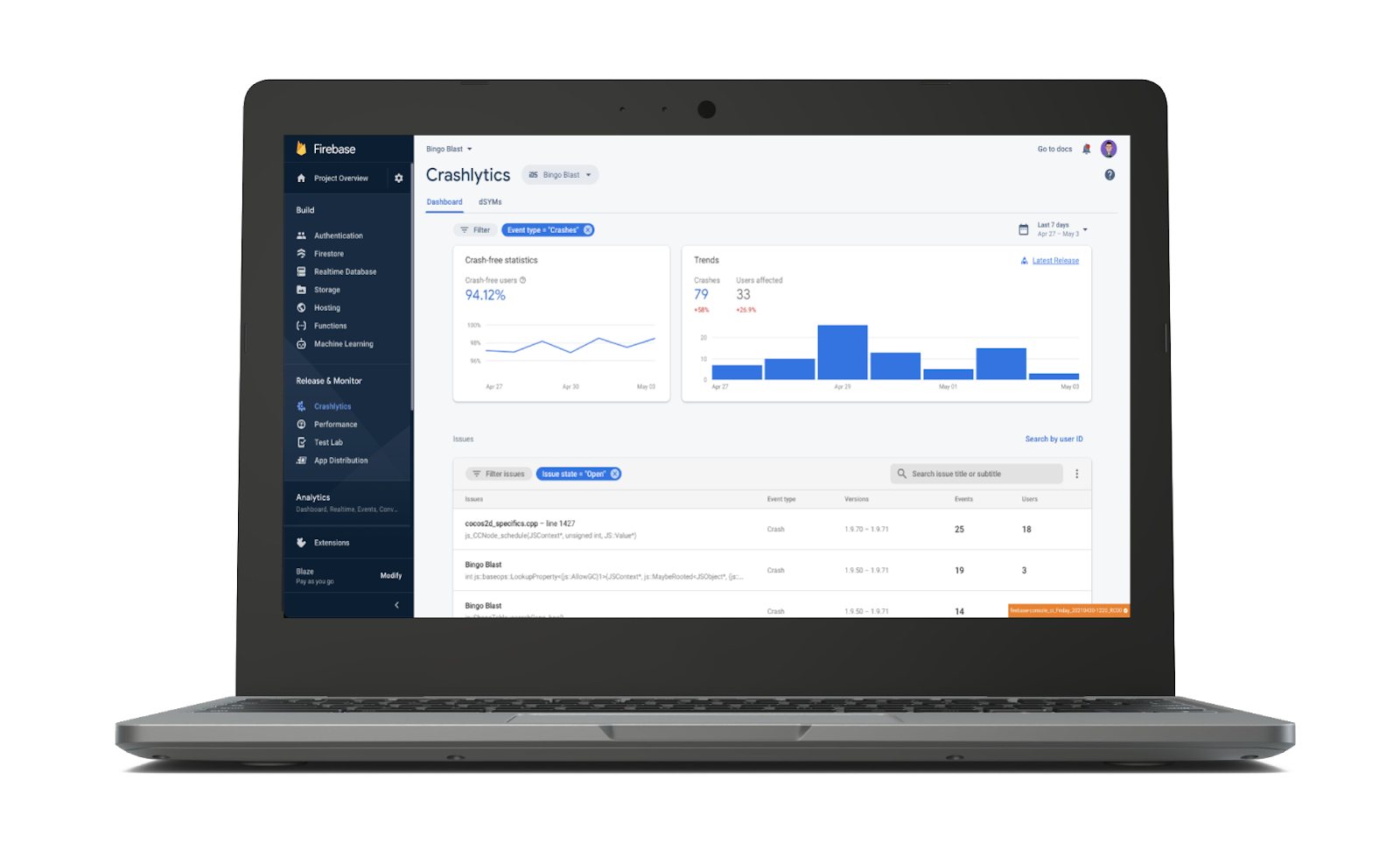 Crash report data displayed in the Firebase Crashlytics dashboard