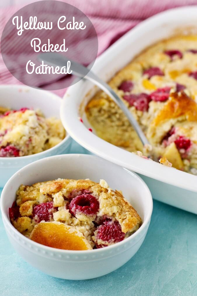 Yellow Cake Baked Oatmeal with a custardy bottom Yellow Cake Baked Oatmeal serving