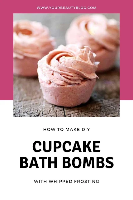 How to make a cupcake bath bomb. This has a fizzy bath bomb cupcake for the bottom and a DIY frosting made with whipped soap base. Making a cute recipe for a fizzing bath bomb is easy with these direcitons. This homemade bath bomb recipe uses essential oil and other natural ingredients.  Get ideas and learn how to use a whipped soap base to make the frosting.  It hardens in about two days. #diy #cupcake #bathbomb #whippedsoap