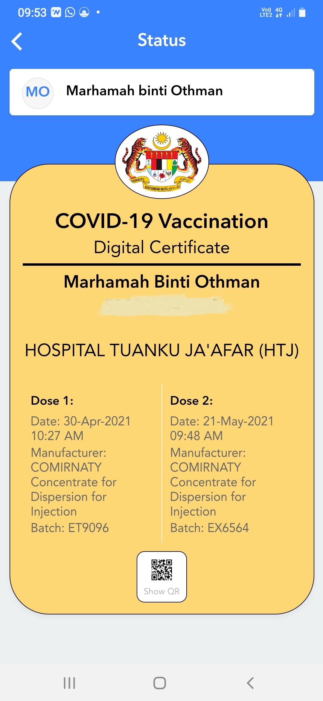 Contoh sijil digital vaksin