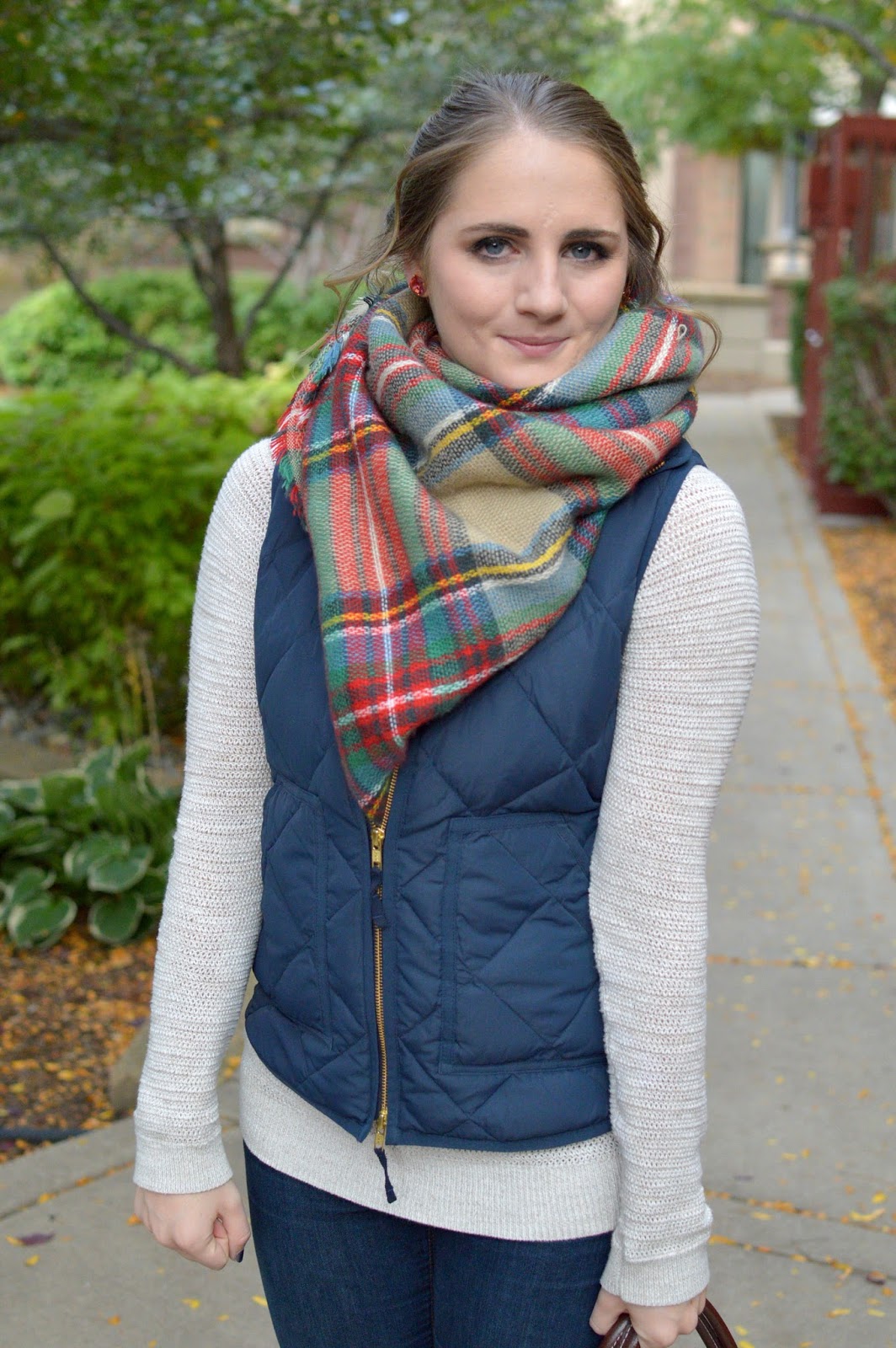 A Memory Of Us: puffer vest with a blanket scarf