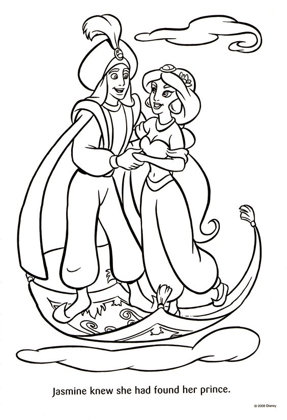 Tranh tô màu Aladin và Jasmine trên thảm thần
