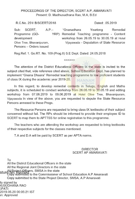 Gnannadhara Year long Remedial teaching programme - content developement workshop _ instructions and Subject wise RPs (teachers) list ,Rc.251