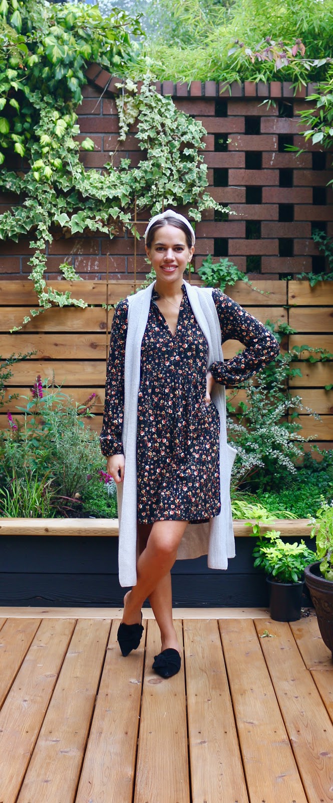 Jules in Flats - Fall Long Sleeve Mini Dress with Duster Vest (Business Casual Workwear on a Budget)