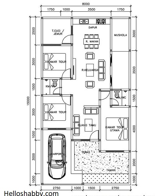 Desain Rumah Modern 8 x 15 Meter dengan 3 Kamar Tidur, Musola dan Ruang