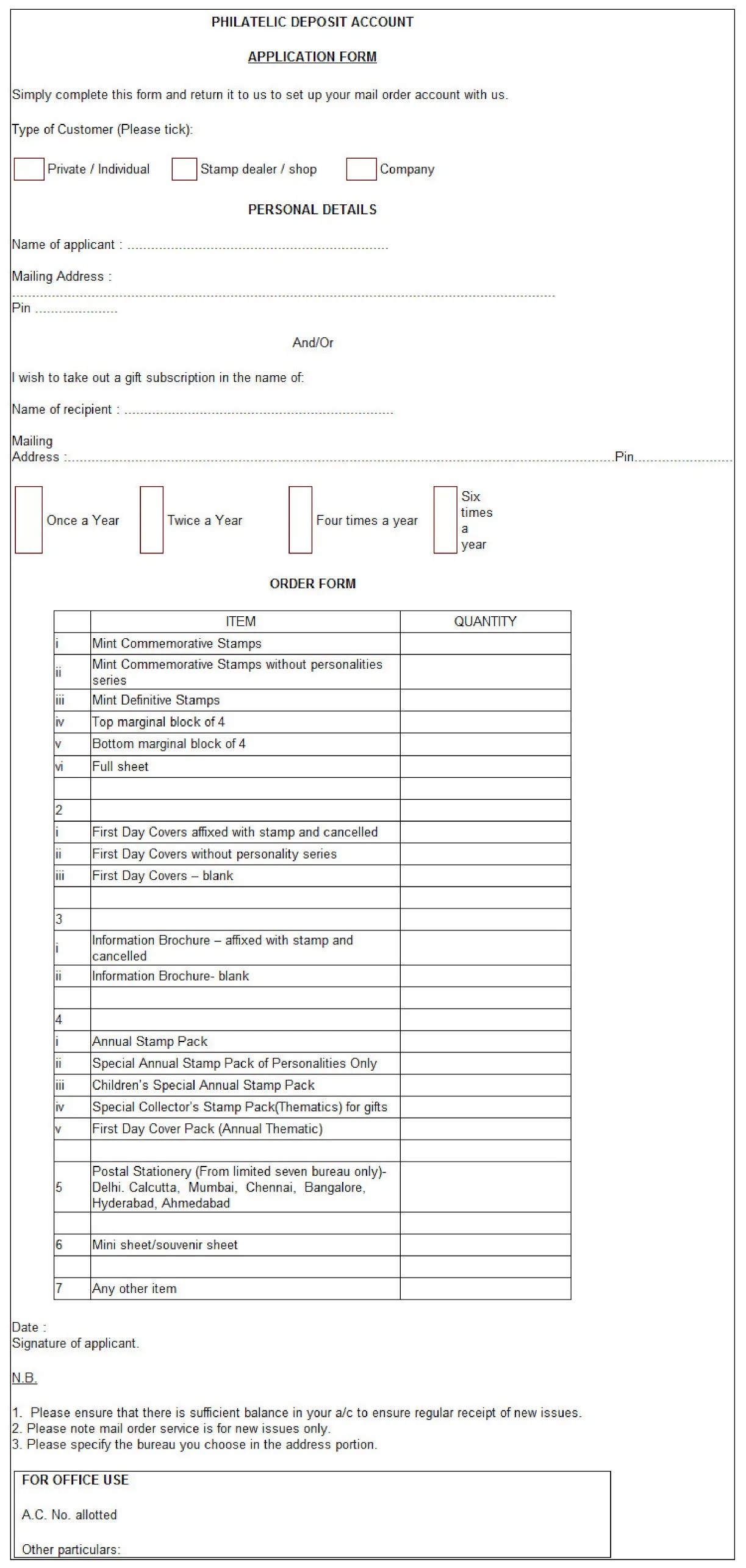 Philately Deposit Account (PDA ) Application Form Download Philately Deposit Account (PDA