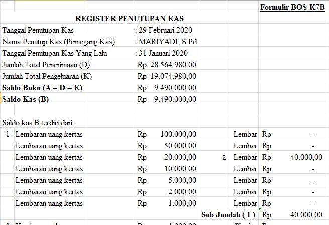 Contoh Format Register Penutupan Kas Formulir Bos K7b Dan Format Berita Acara Pemeriksaan Kas Formulir Bos K7c Mariyadi Com