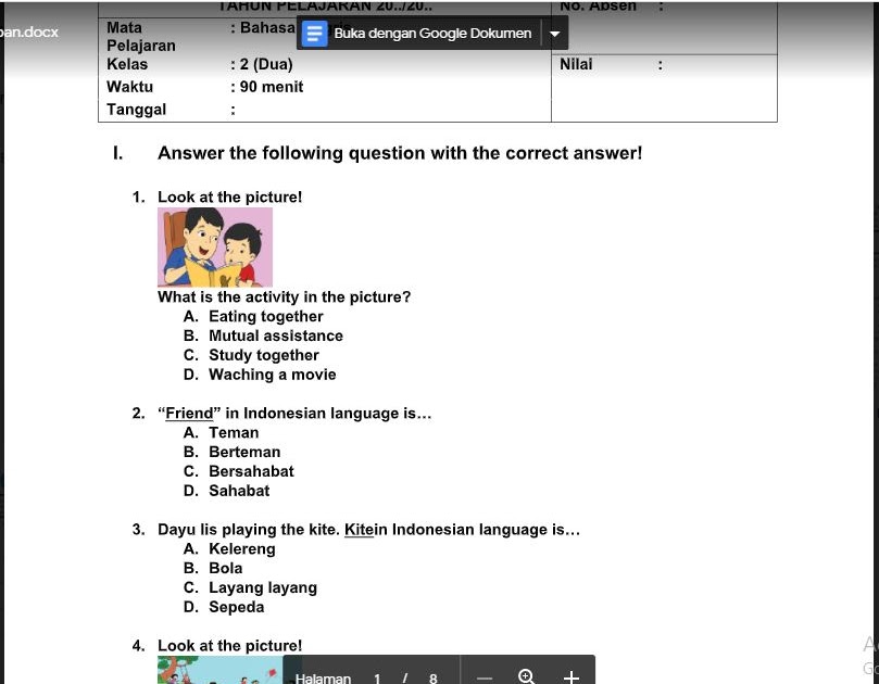 Soal PAS Bahasa Inggris Kelas 2 Kurikulum 2013 SD/MI