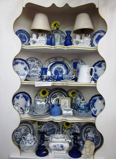 blue and white corner of the store