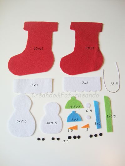 piezas y medidas para hacer la botita navideña con muñecos de nieve