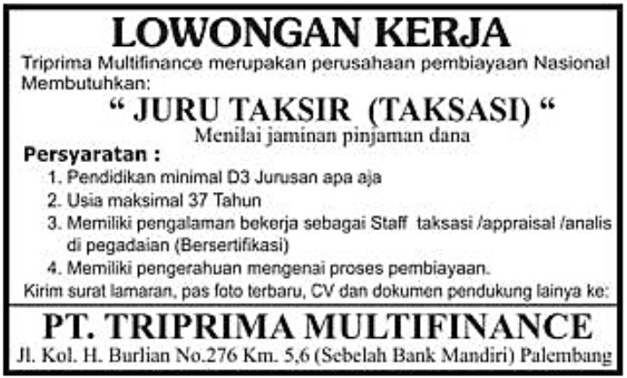Lowongan Pt Triprima Multifinance Karir Palembang