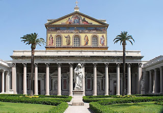 The beautiful porticoed facade of the Basilica of St Paul Outside the Walls in the Ostiense district