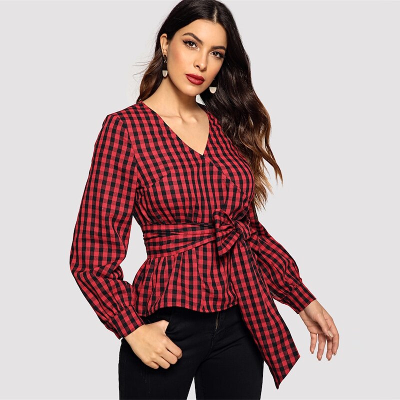Front Belted Gingham Blouse