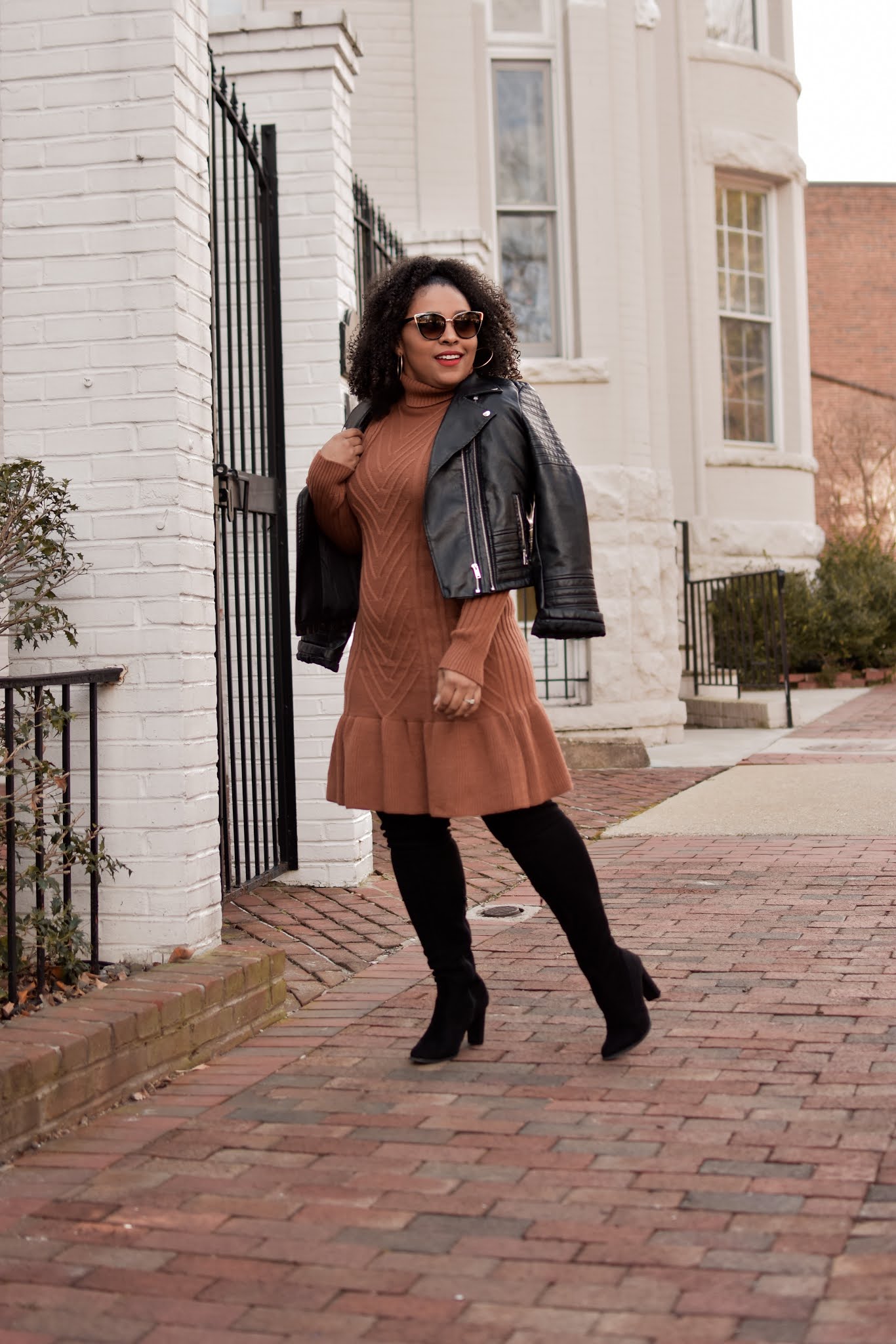 sweater dress with boots and tights