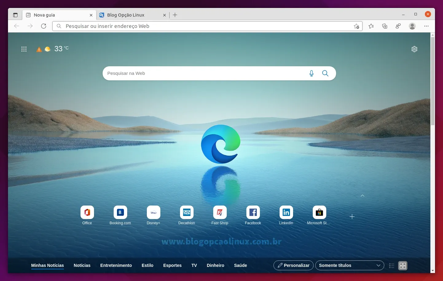 Microsoft Edge executando no Ubuntu 21.10 (Impish Indri)