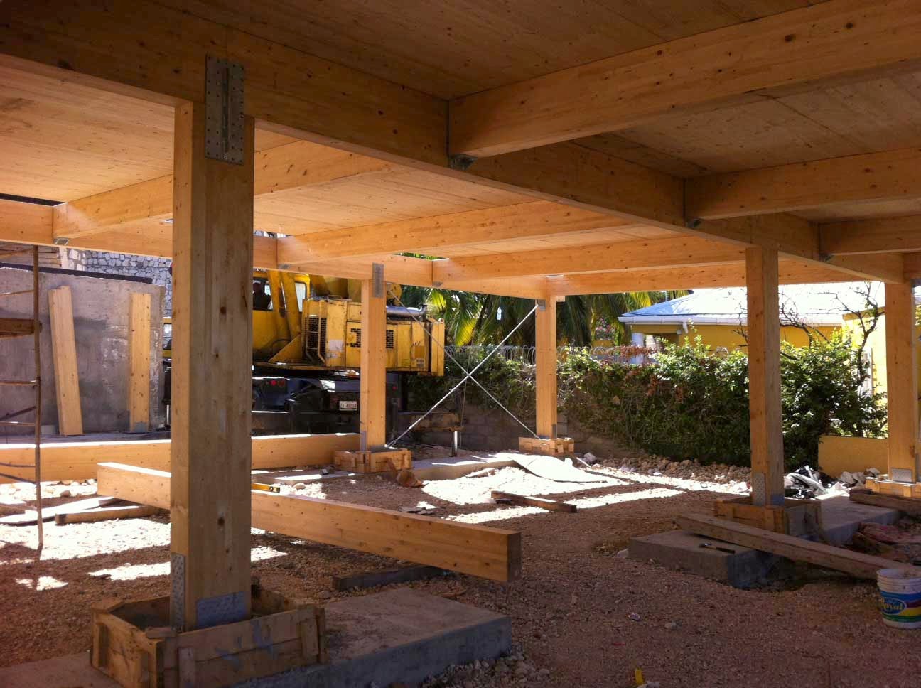 Haiti Cross Laminated Timber (CLT) parking structure: CLT panels flying